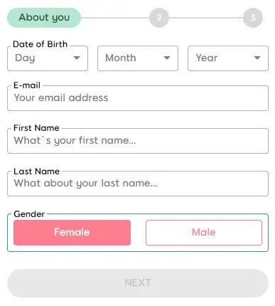First step to register at 888 Ladies Bingo ('About you' fields) 888 Ladies Bingo registration form